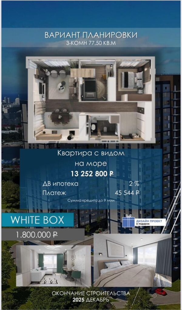 3 комнатная квартира с видом на море. Месячный платеж 45544р. Купить 3 комнатную квартиру 77,5м с видом на море и отделкой.